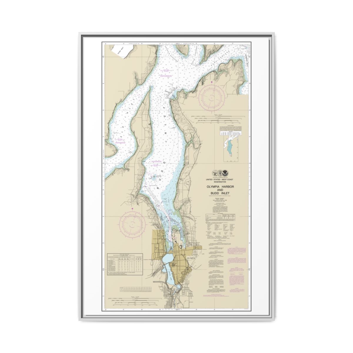 Chart 18456 Olympia Harbor and Budd Inlet - NOAA Nautical Chart Floating Frame Canvas | 20" x 30" | 24" x 36" | 32" x 48" - White front