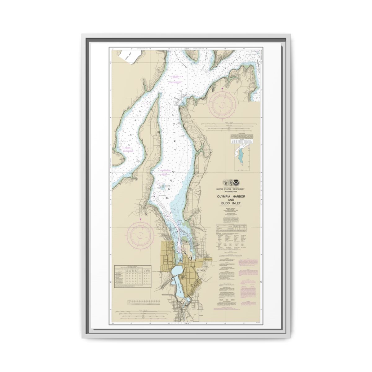 Chart 18456 Olympia Harbor and Budd Inlet - NOAA Nautical Chart Floating Frame Canvas | 20" x 30" | 24" x 36" | 32" x 48" - White front