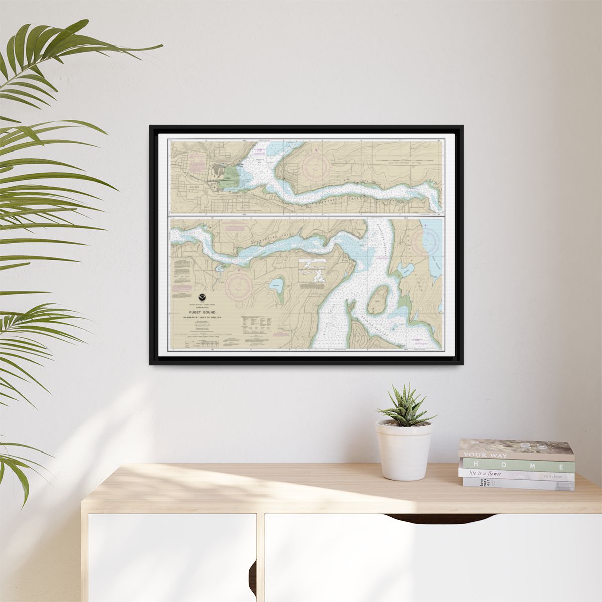 Chart 18457 Puget Sound-Hammersley Inlet to Shelton - NOAA Nautical Chart Floating Frame Canvas | 32" x 24" | 40" x 30" - Black context-1