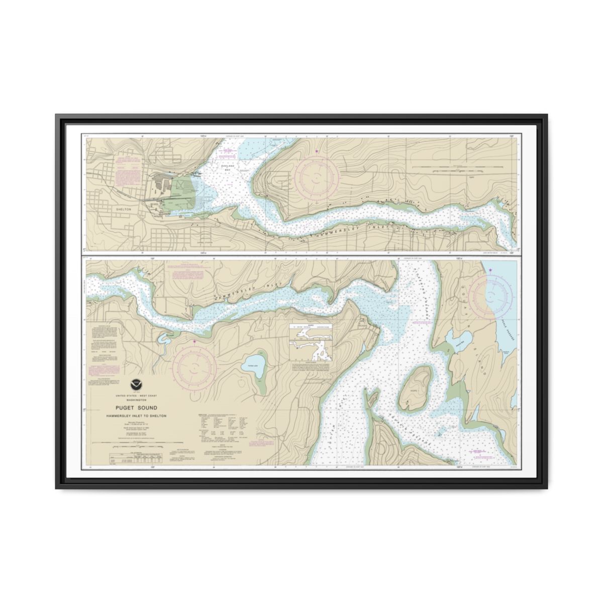 Chart 18457 Puget Sound-Hammersley Inlet to Shelton - NOAA Nautical Chart Floating Frame Canvas | 32" x 24" | 40" x 30" - Black front