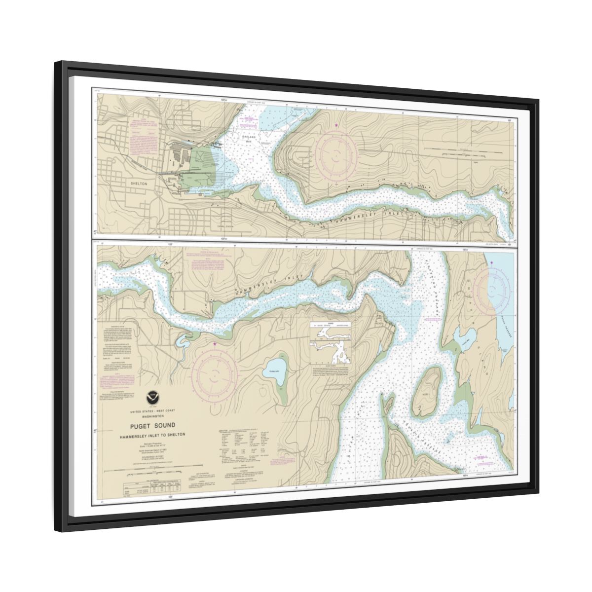Chart 18457 Puget Sound-Hammersley Inlet to Shelton - NOAA Nautical Chart Floating Frame Canvas | 32" x 24" | 40" x 30" - Black side