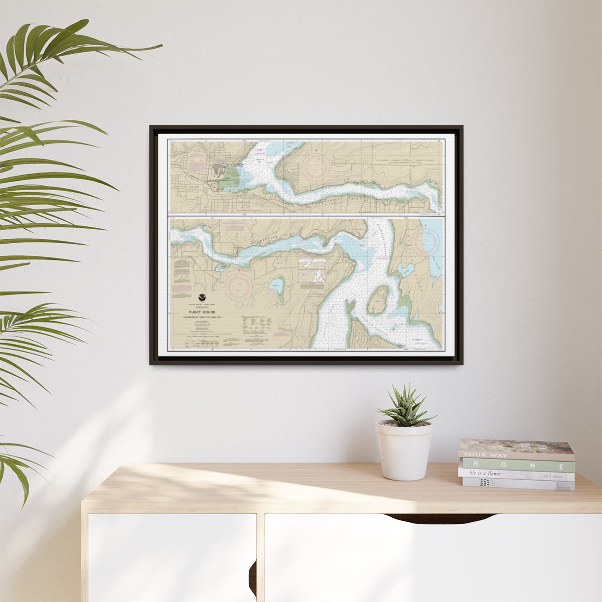 Chart 18457 Puget Sound-Hammersley Inlet to Shelton - NOAA Nautical Chart Floating Frame Canvas | 32" x 24" | 40" x 30" - Espresso context-1