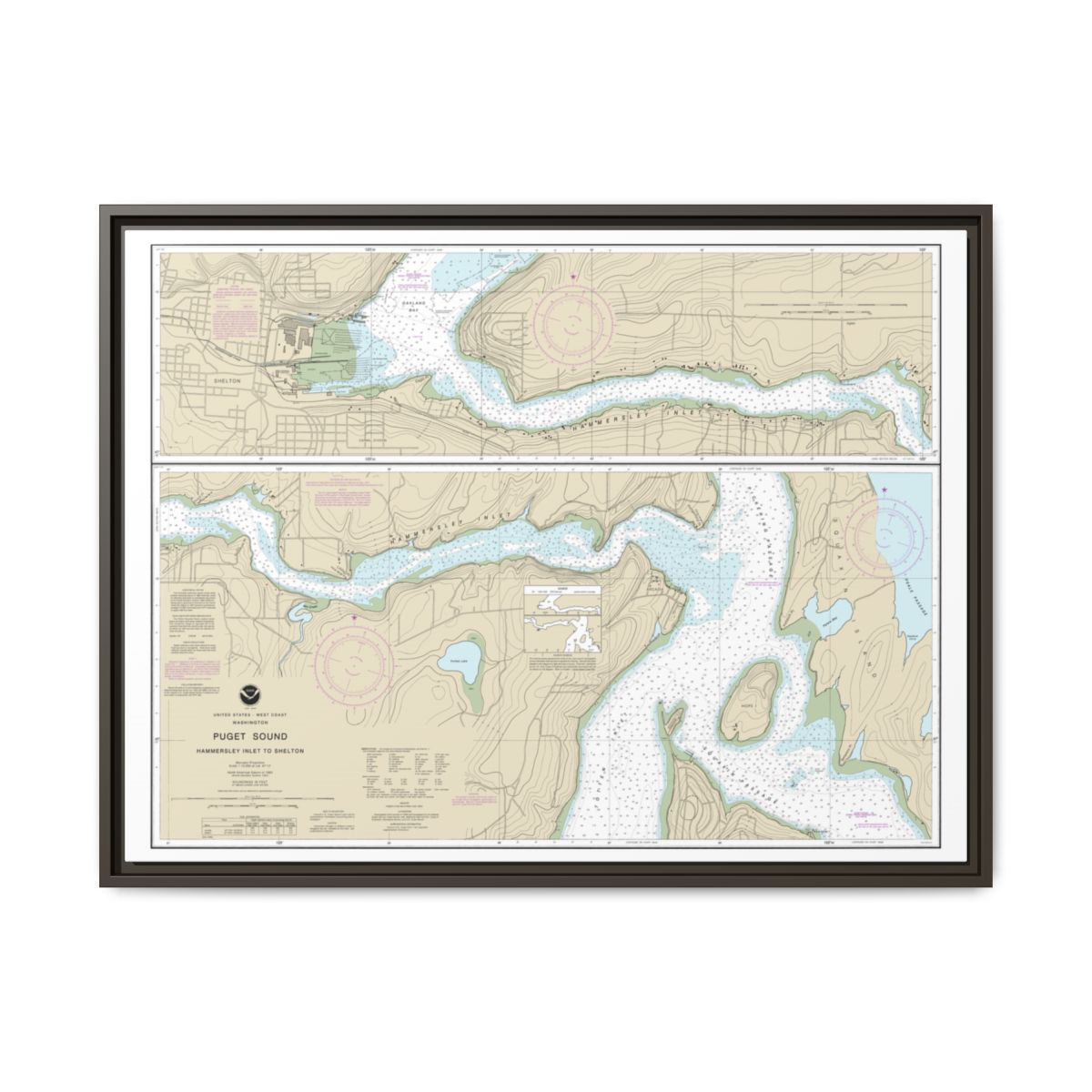 Chart 18457 Puget Sound-Hammersley Inlet to Shelton - NOAA Nautical Chart Floating Frame Canvas | 32" x 24" | 40" x 30" - Espresso front