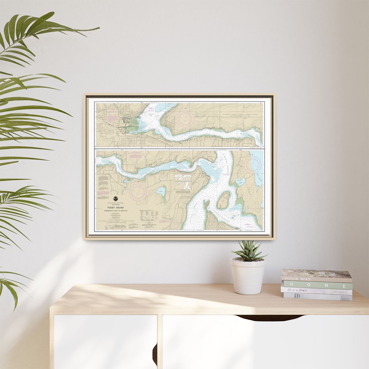 Chart 18457 Puget Sound-Hammersley Inlet to Shelton - NOAA Nautical Chart Floating Frame Canvas | 32" x 24" | 40" x 30" - Natural context-1