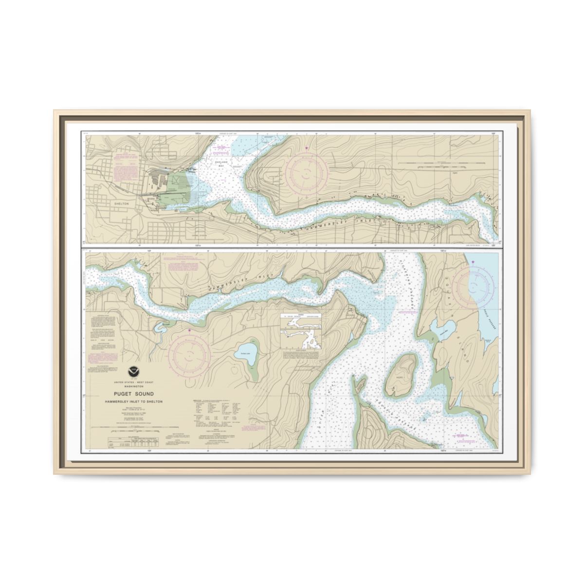 Chart 18457 Puget Sound-Hammersley Inlet to Shelton - NOAA Nautical Chart Floating Frame Canvas | 32" x 24" | 40" x 30" - Natural front