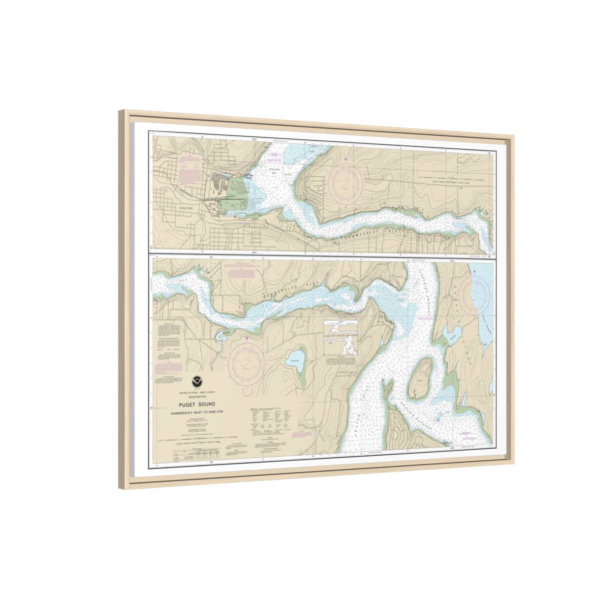 Chart 18457 Puget Sound-Hammersley Inlet to Shelton - NOAA Nautical Chart Floating Frame Canvas | 32" x 24" | 40" x 30" - Natural side