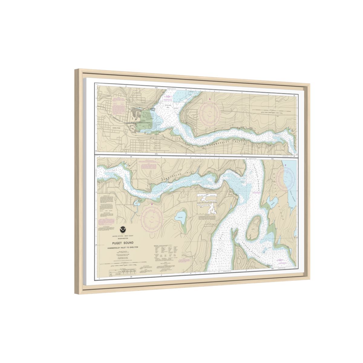 Chart 18457 Puget Sound-Hammersley Inlet to Shelton - NOAA Nautical Chart Floating Frame Canvas | 32" x 24" | 40" x 30" - Natural side