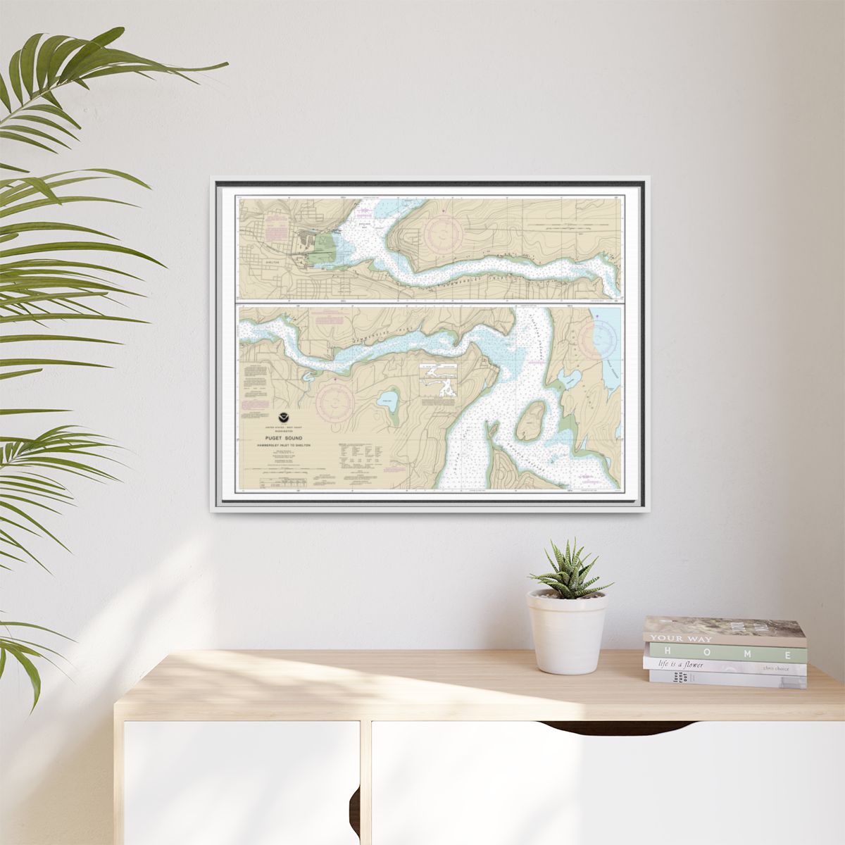 Chart 18457 Puget Sound-Hammersley Inlet to Shelton - NOAA Nautical Chart Floating Frame Canvas | 32" x 24" | 40" x 30" - White context-1