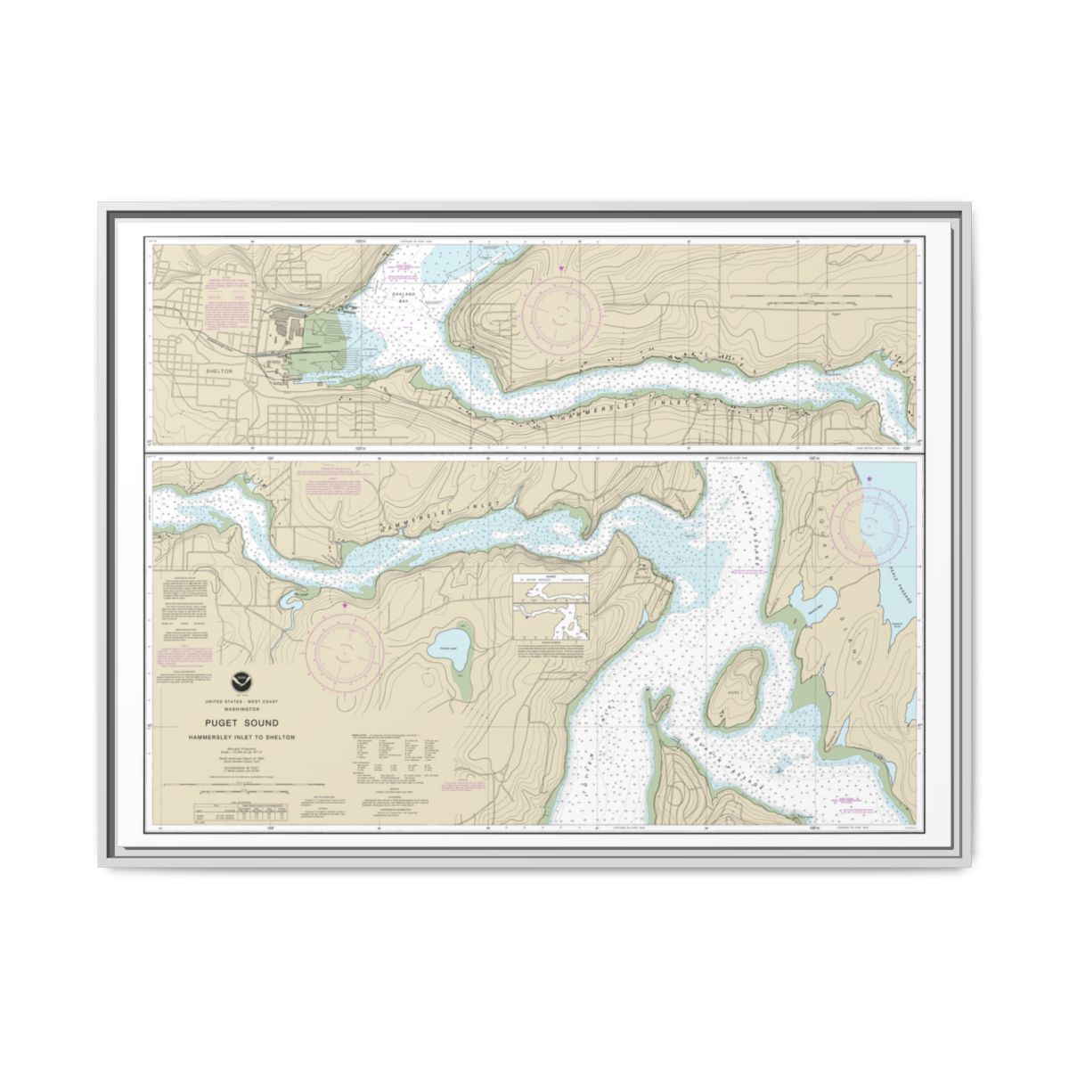 Chart 18457 Puget Sound-Hammersley Inlet to Shelton - NOAA Nautical Chart Floating Frame Canvas | 32" x 24" | 40" x 30" - White front