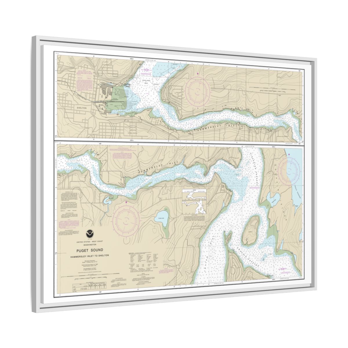 Chart 18457 Puget Sound-Hammersley Inlet to Shelton - NOAA Nautical Chart Floating Frame Canvas | 32" x 24" | 40" x 30" - White side