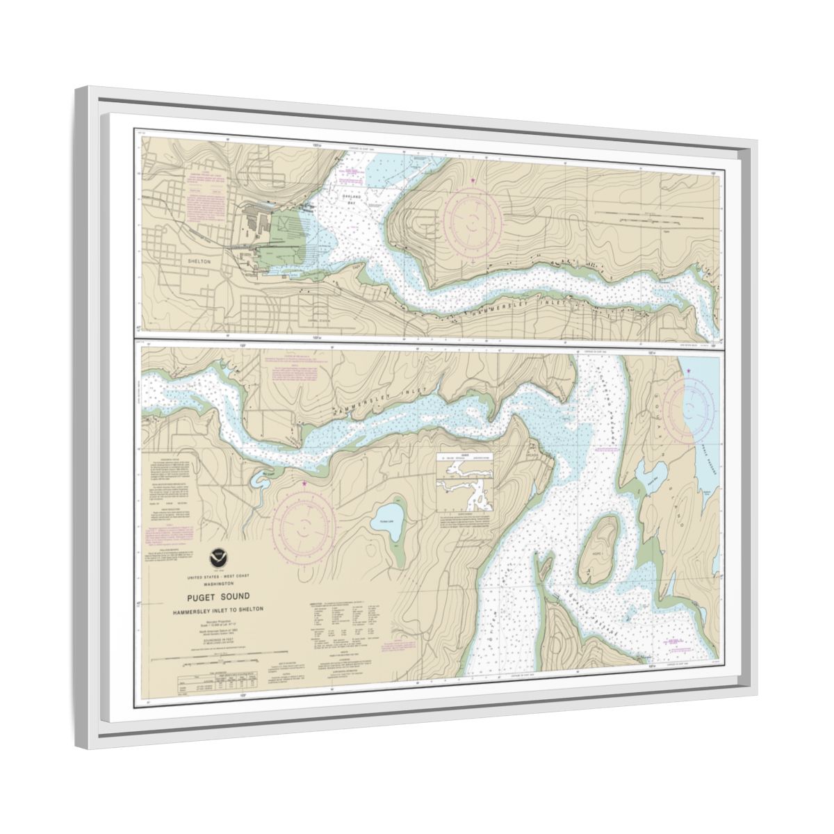 Chart 18457 Puget Sound-Hammersley Inlet to Shelton - NOAA Nautical Chart Floating Frame Canvas | 32" x 24" | 40" x 30" - White side