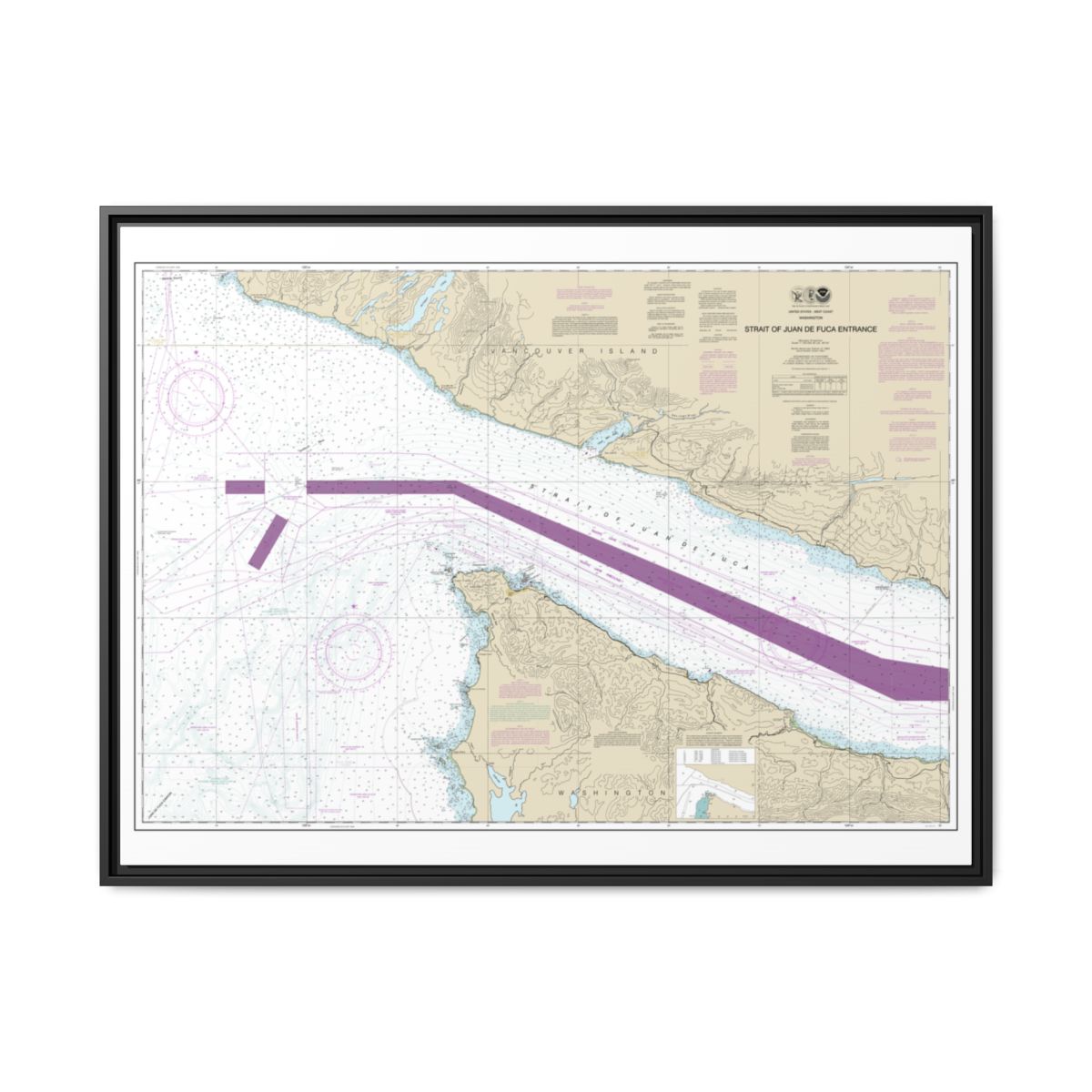 Chart 18460 Stait of Juan de Fuca Entrance - NOAA Nautical Chart Floating Frame Canvas | 32" x 24" | 40" x 30" - Black front