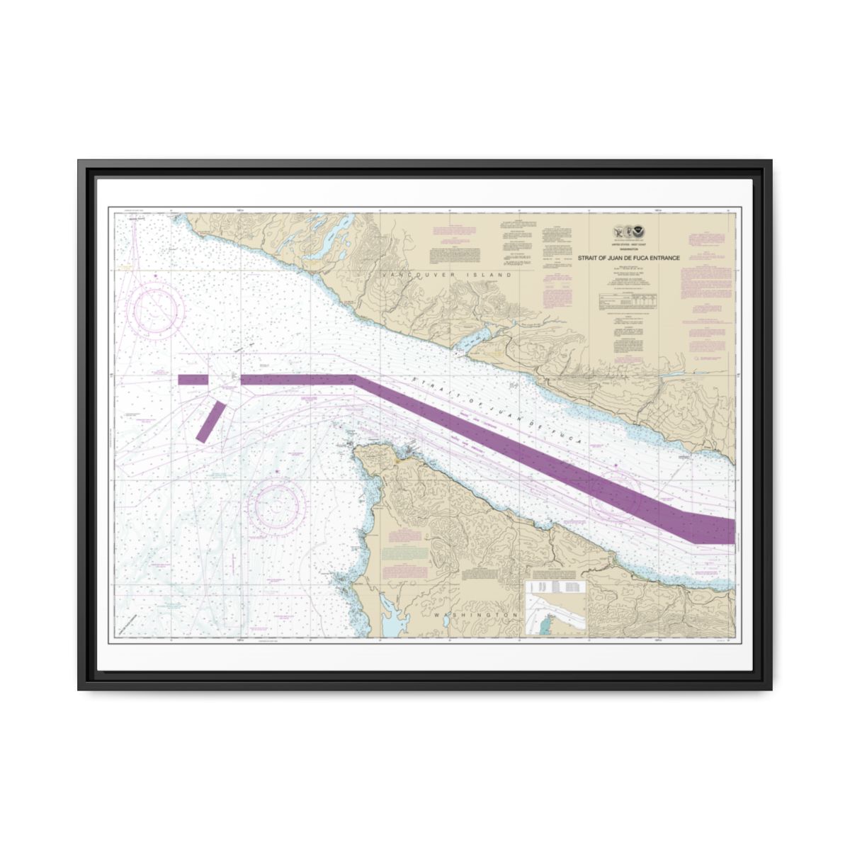 Chart 18460 Stait of Juan de Fuca Entrance - NOAA Nautical Chart Floating Frame Canvas | 32" x 24" | 40" x 30" - Black front