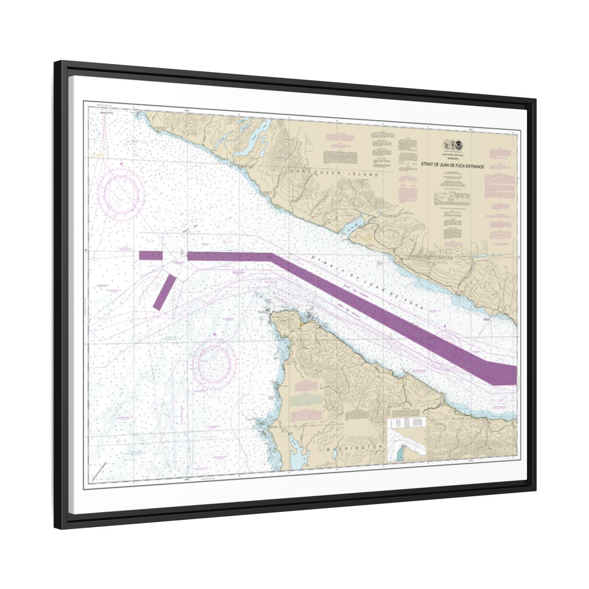Chart 18460 Stait of Juan de Fuca Entrance - NOAA Nautical Chart Floating Frame Canvas | 32" x 24" | 40" x 30" - Black side