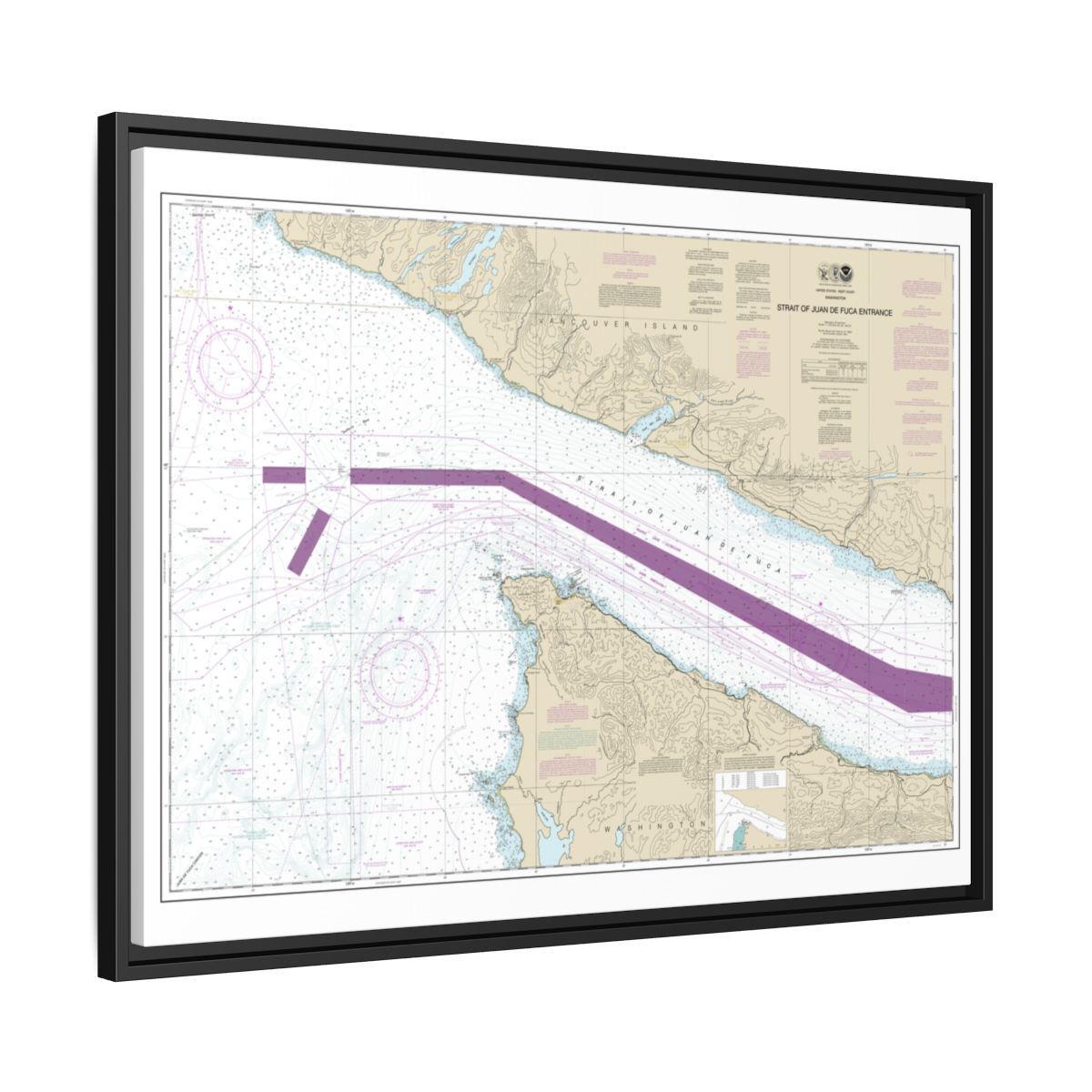 Chart 18460 Stait of Juan de Fuca Entrance - NOAA Nautical Chart Floating Frame Canvas | 32" x 24" | 40" x 30" - Black side