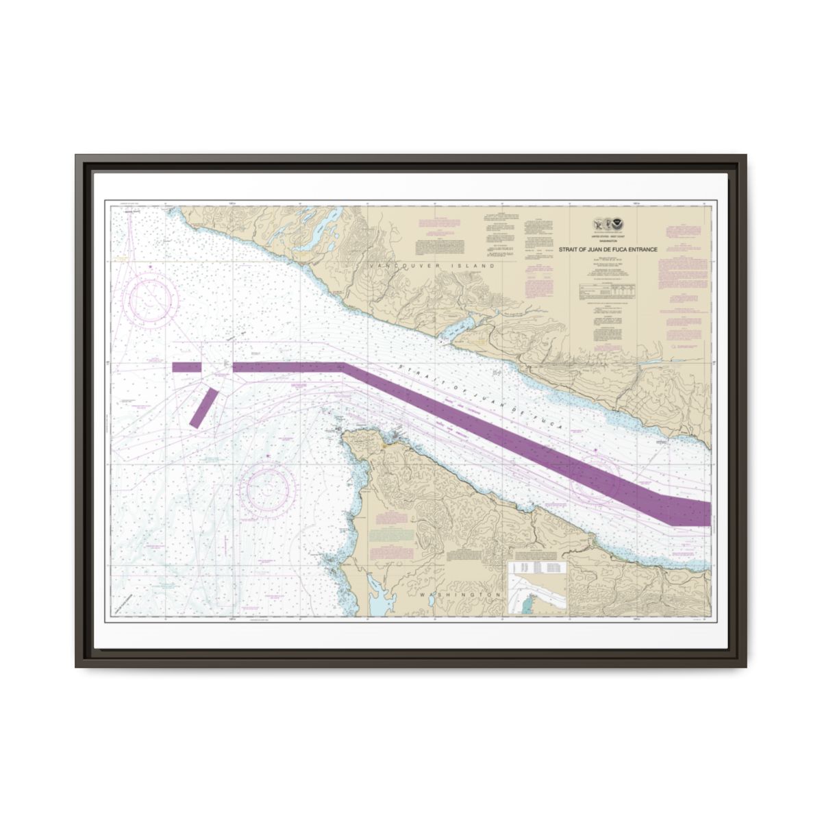 Chart 18460 Stait of Juan de Fuca Entrance - NOAA Nautical Chart Floating Frame Canvas | 32" x 24" | 40" x 30" - Espresso front
