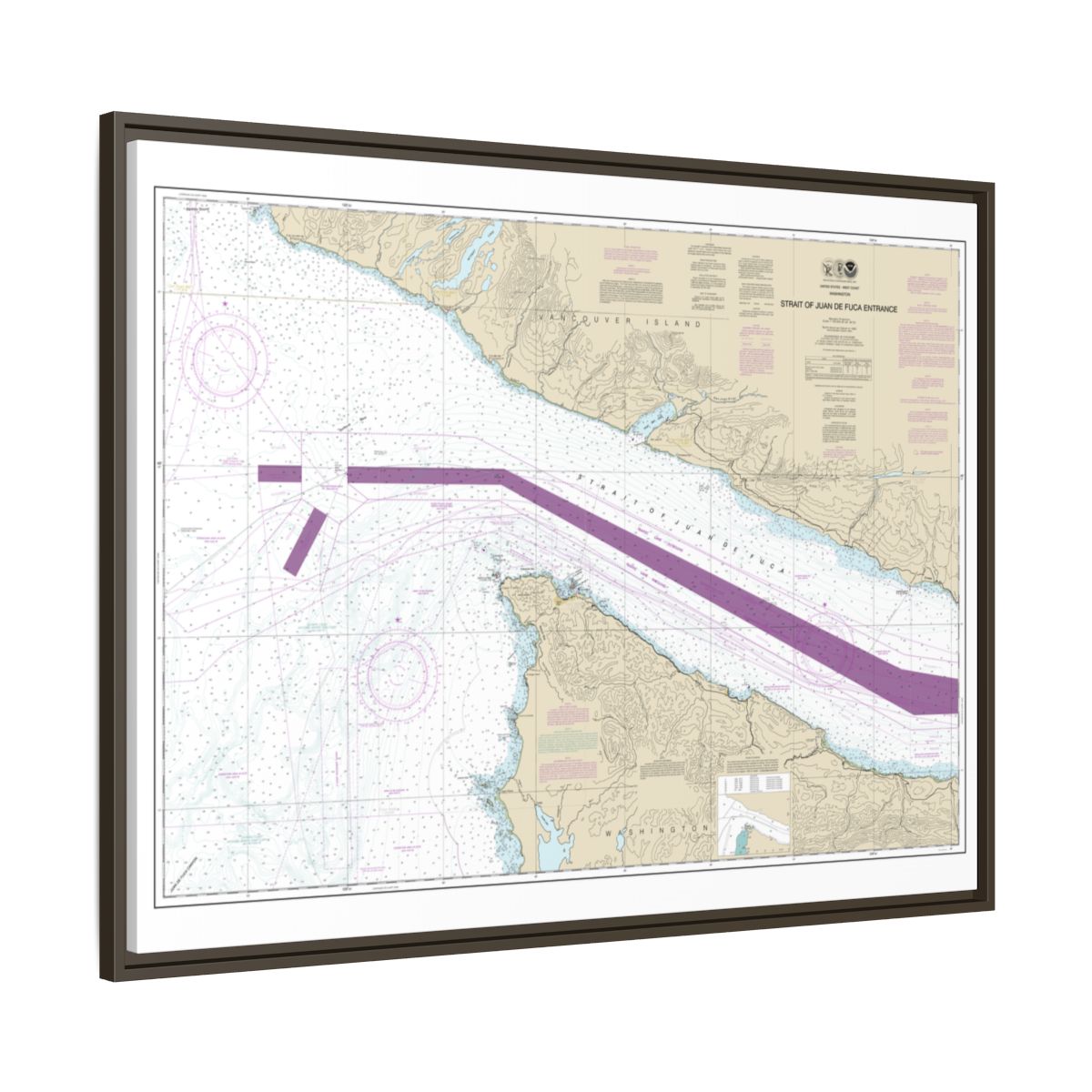 Chart 18460 Stait of Juan de Fuca Entrance - NOAA Nautical Chart Floating Frame Canvas | 32" x 24" | 40" x 30" - Espresso side