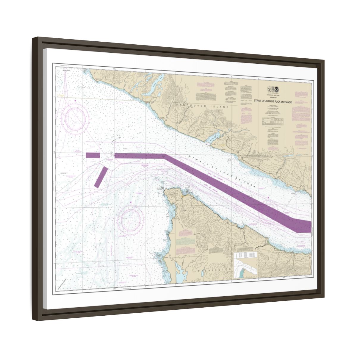 Chart 18460 Stait of Juan de Fuca Entrance - NOAA Nautical Chart Floating Frame Canvas | 32" x 24" | 40" x 30" - Espresso side