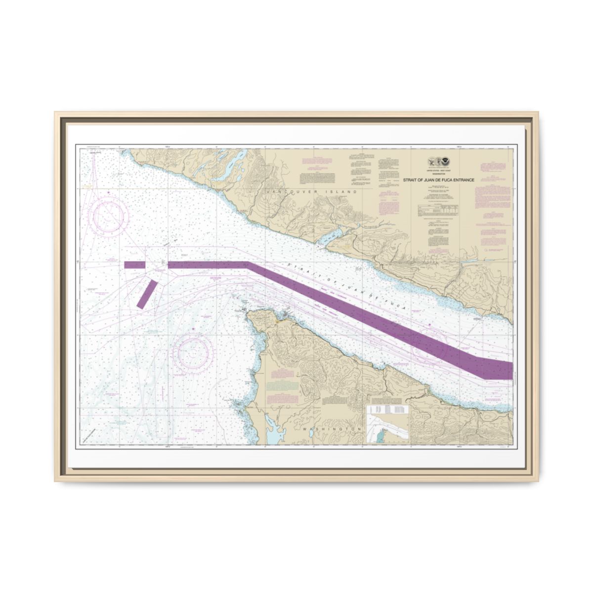 Chart 18460 Stait of Juan de Fuca Entrance - NOAA Nautical Chart Floating Frame Canvas | 32" x 24" | 40" x 30" - Natural front