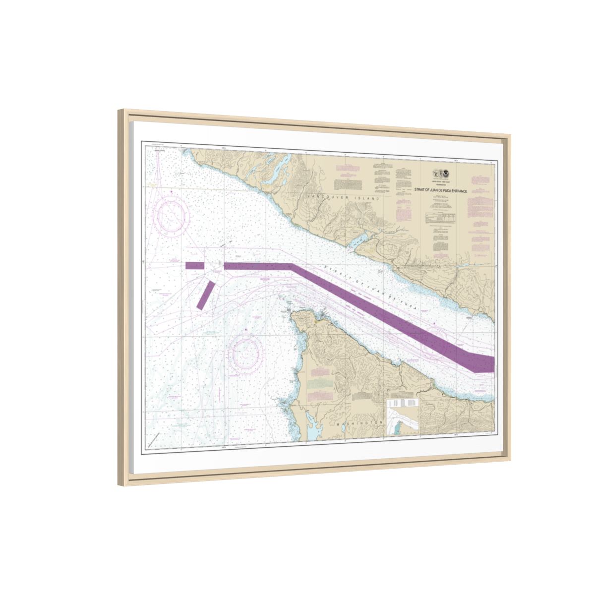 Chart 18460 Stait of Juan de Fuca Entrance - NOAA Nautical Chart Floating Frame Canvas | 32" x 24" | 40" x 30" - Natural side