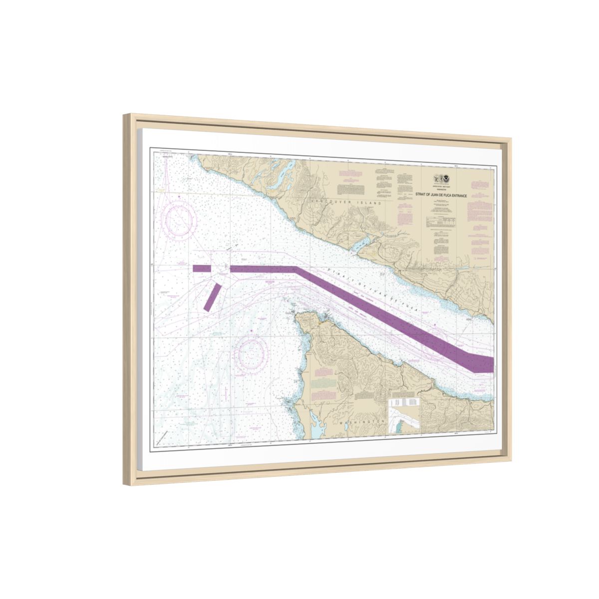 Chart 18460 Stait of Juan de Fuca Entrance - NOAA Nautical Chart Floating Frame Canvas | 32" x 24" | 40" x 30" - Natural side