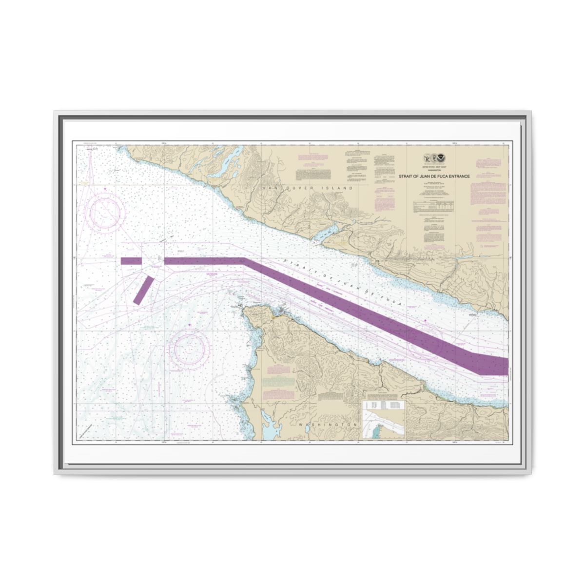 Chart 18460 Stait of Juan de Fuca Entrance - NOAA Nautical Chart Floating Frame Canvas | 32" x 24" | 40" x 30" - White front