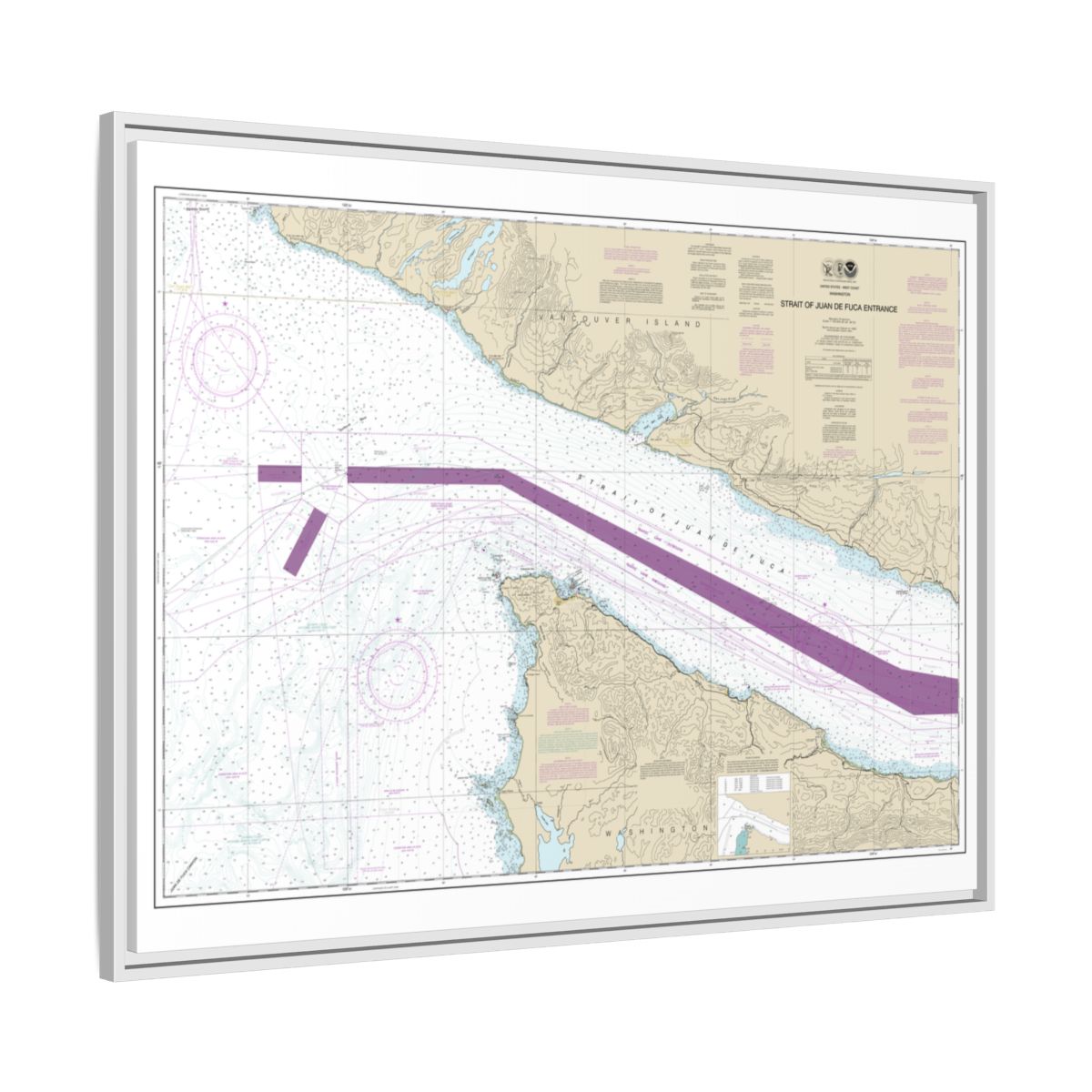 Chart 18460 Stait of Juan de Fuca Entrance - NOAA Nautical Chart Floating Frame Canvas | 32" x 24" | 40" x 30" - White side