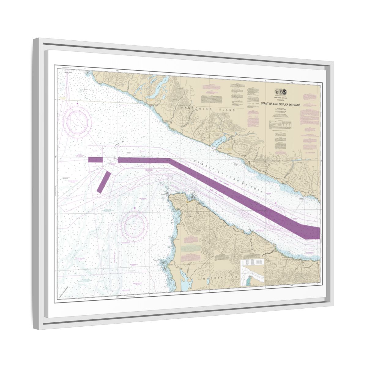 Chart 18460 Stait of Juan de Fuca Entrance - NOAA Nautical Chart Floating Frame Canvas | 32" x 24" | 40" x 30" - White side