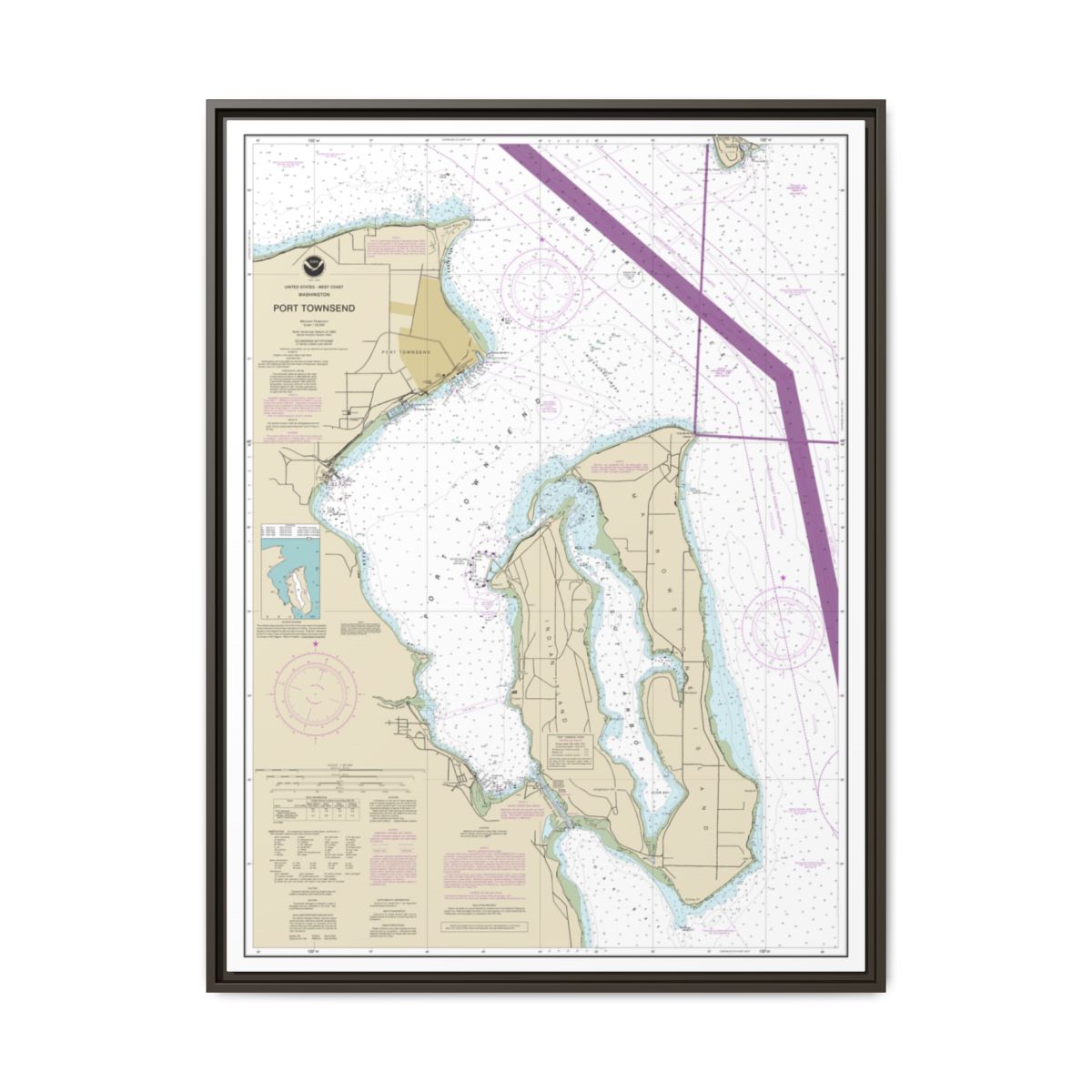 Chart 18464 Port Townsend - NOAA Nautical Chart Floating Frame Canvas | 24" x 32" | 30" x 40" - Espresso front
