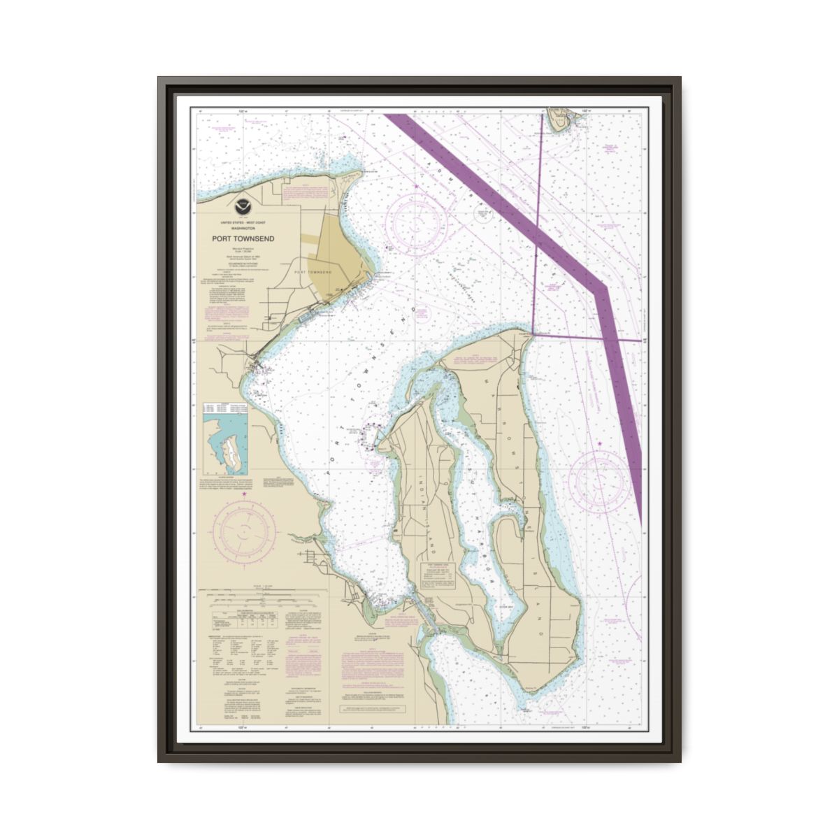 Chart 18464 Port Townsend - NOAA Nautical Chart Floating Frame Canvas | 24" x 32" | 30" x 40" - Espresso front