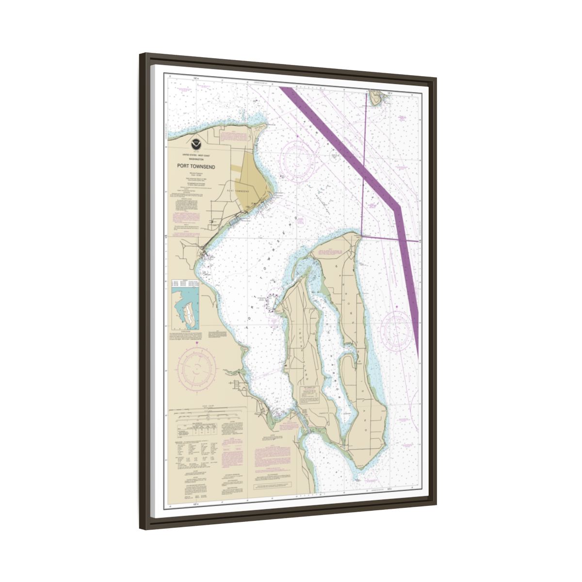 Chart 18464 Port Townsend - NOAA Nautical Chart Floating Frame Canvas | 24" x 32" | 30" x 40" - Espresso side