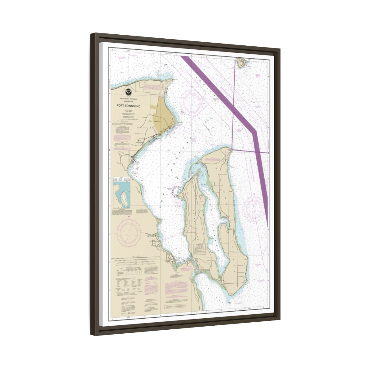 Chart 18464 Port Townsend - NOAA Nautical Chart Floating Frame Canvas | 24" x 32" | 30" x 40" - Espresso side