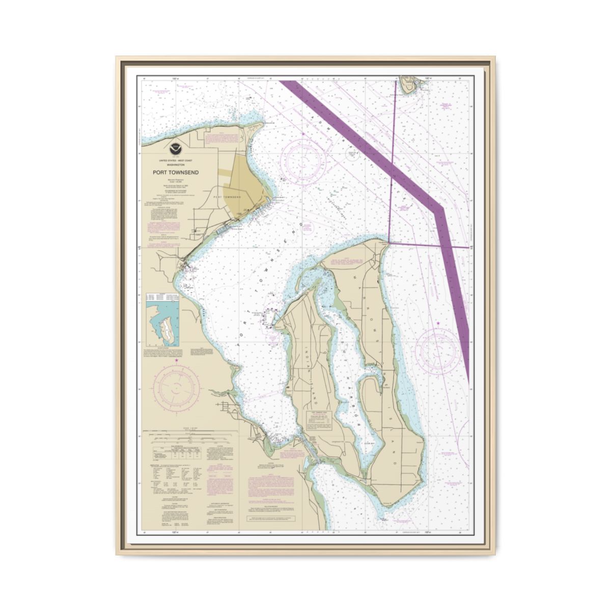 Chart 18464 Port Townsend - NOAA Nautical Chart Floating Frame Canvas | 24" x 32" | 30" x 40" - Natural front