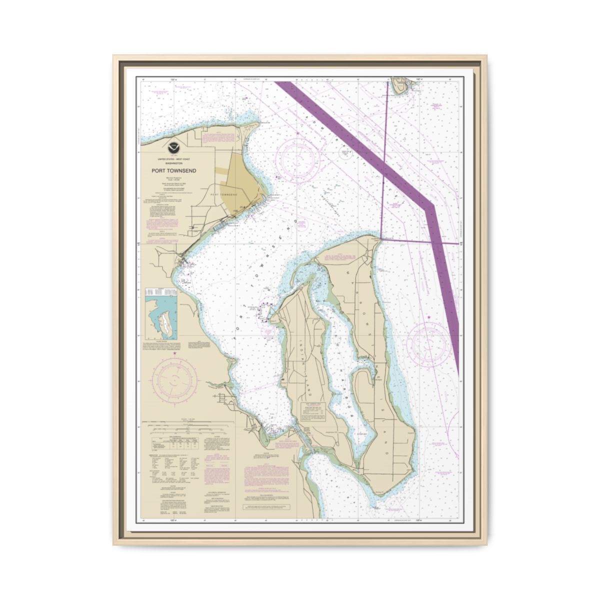 Chart 18464 Port Townsend - NOAA Nautical Chart Floating Frame Canvas | 24" x 32" | 30" x 40" - Natural front