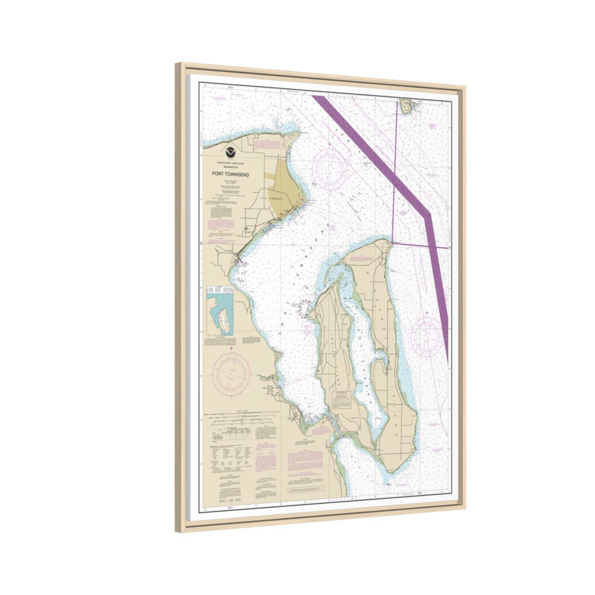Chart 18464 Port Townsend - NOAA Nautical Chart Floating Frame Canvas | 24" x 32" | 30" x 40" - Natural side