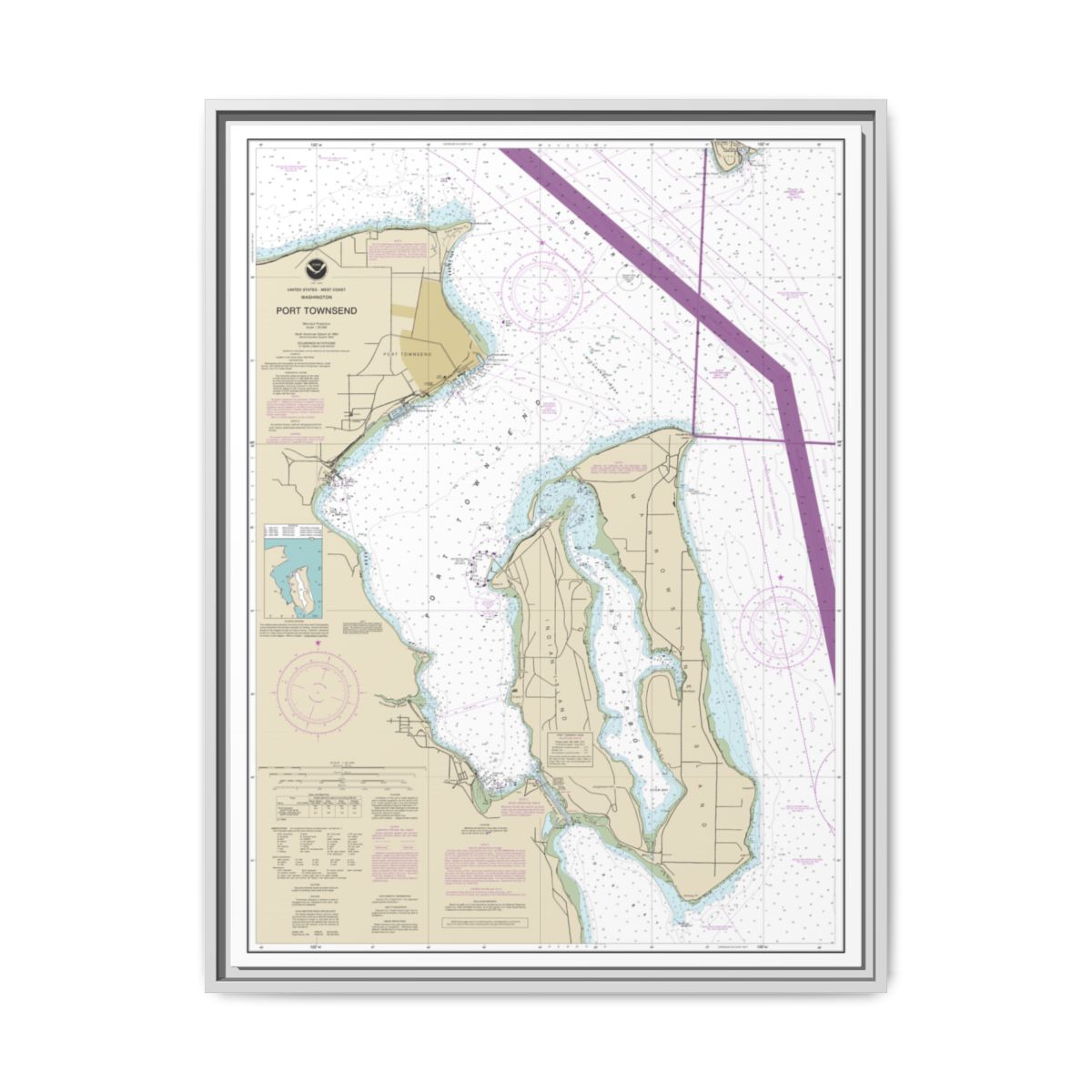 Chart 18464 Port Townsend - NOAA Nautical Chart Floating Frame Canvas | 24" x 32" | 30" x 40" - White front
