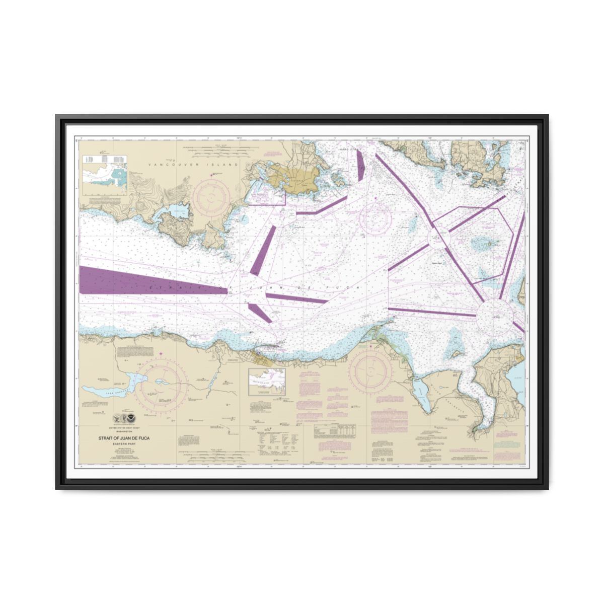 Chart 18465 Strait of Juan de Fuca-eastern part - NOAA Nautical Chart Floating Frame Canvas | 32" x 24" | 40" x 30" - Black front