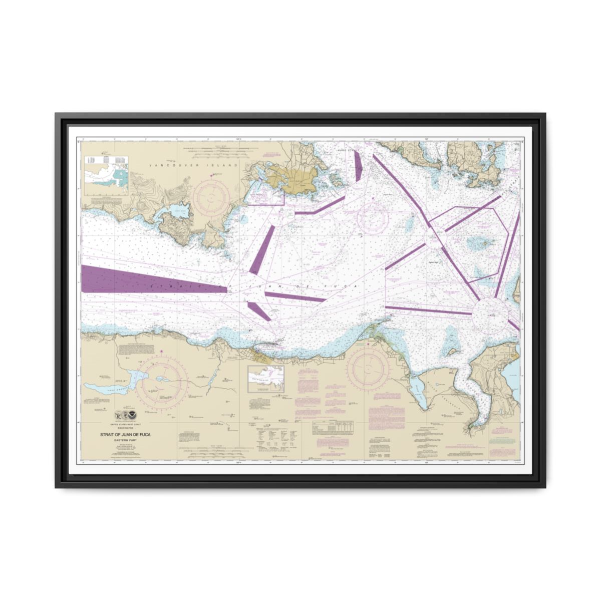 Chart 18465 Strait of Juan de Fuca-eastern part - NOAA Nautical Chart Floating Frame Canvas | 32" x 24" | 40" x 30" - Black front