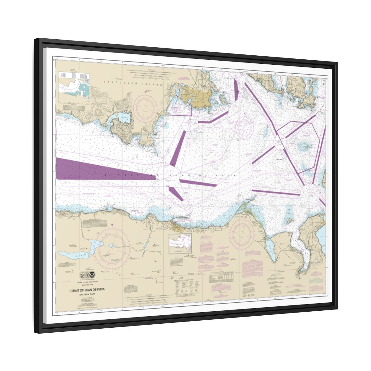 Chart 18465 Strait of Juan de Fuca-eastern part - NOAA Nautical Chart Floating Frame Canvas | 32" x 24" | 40" x 30" - Black side