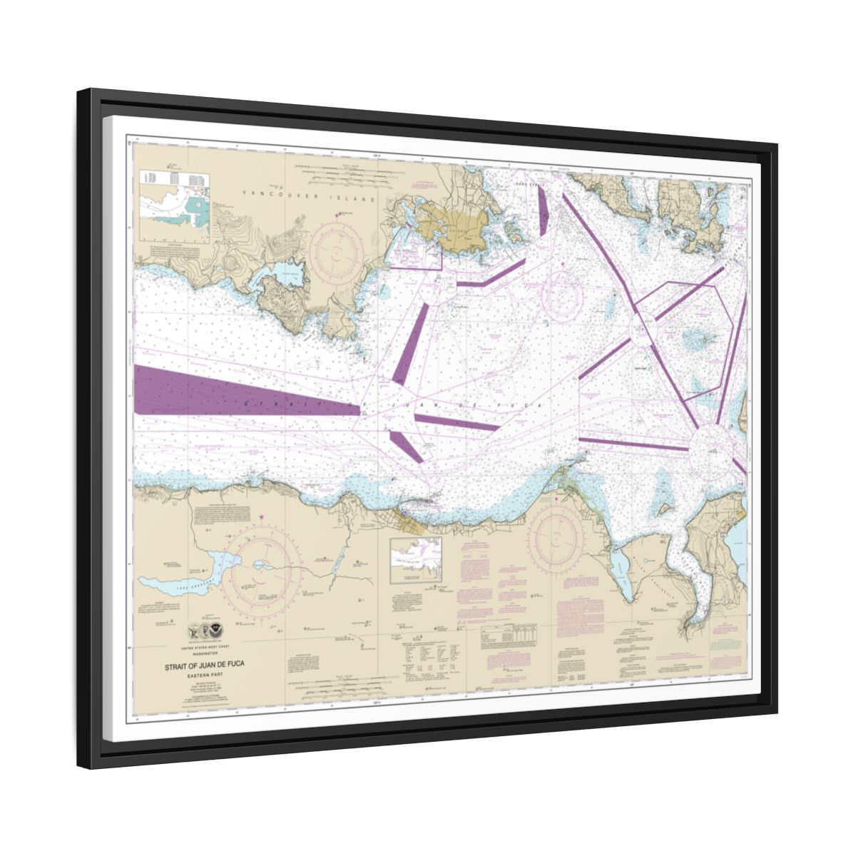 Chart 18465 Strait of Juan de Fuca-eastern part - NOAA Nautical Chart Floating Frame Canvas | 32" x 24" | 40" x 30" - Black side