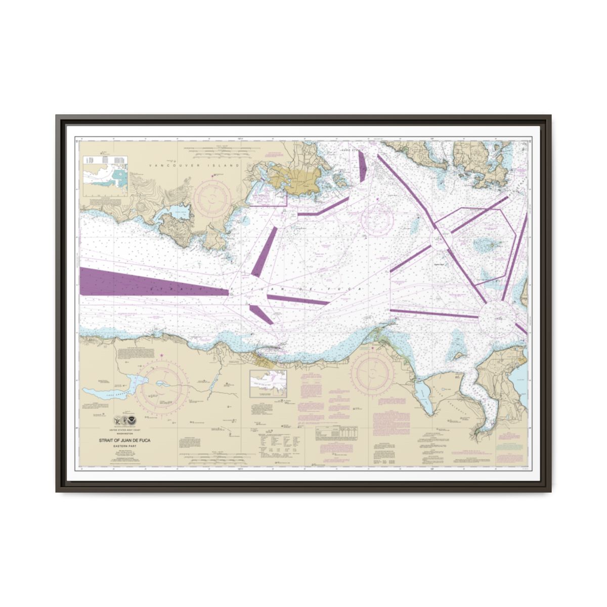 Chart 18465 Strait of Juan de Fuca-eastern part - NOAA Nautical Chart Floating Frame Canvas | 32" x 24" | 40" x 30" - Espresso front