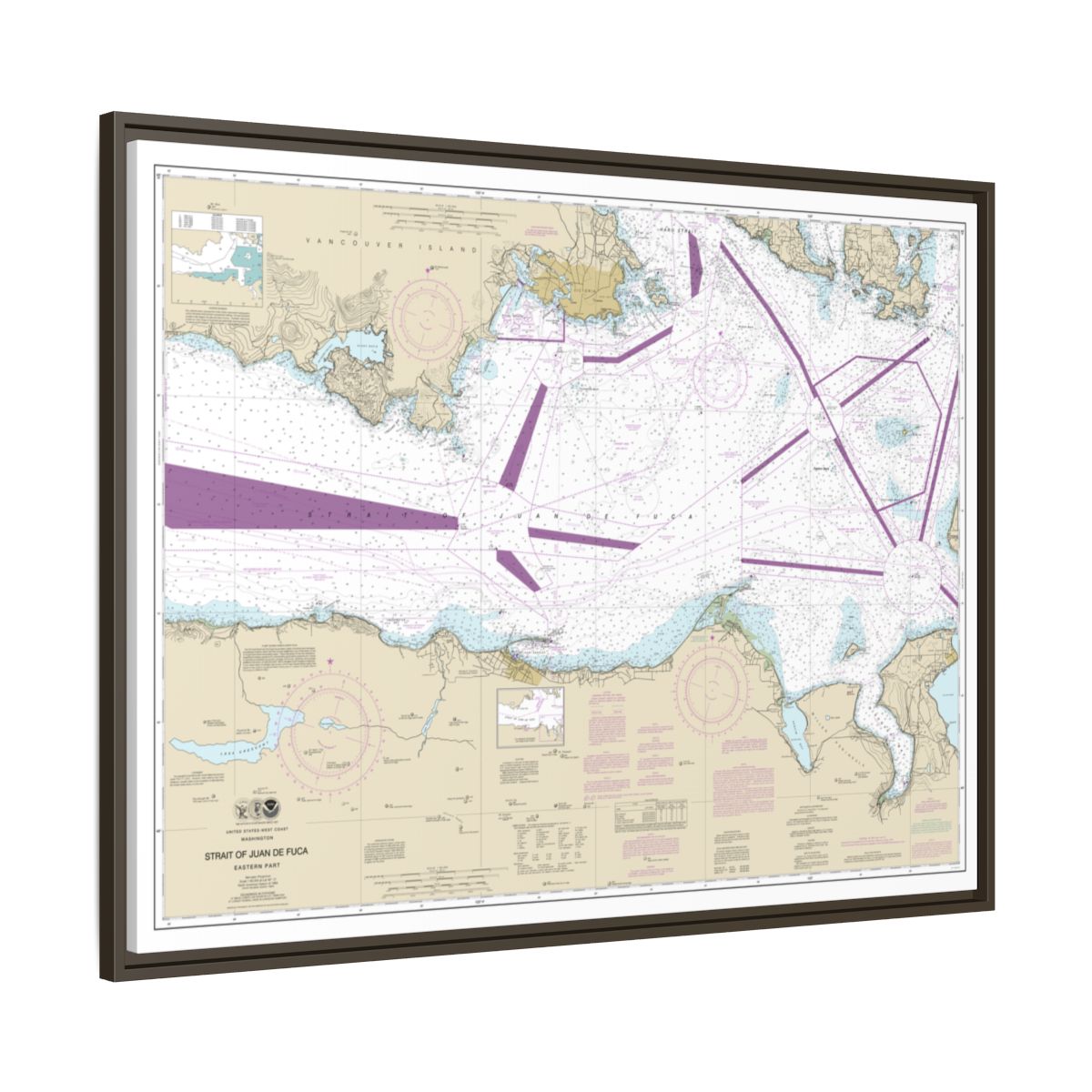 Chart 18465 Strait of Juan de Fuca-eastern part - NOAA Nautical Chart Floating Frame Canvas | 32" x 24" | 40" x 30" - Espresso side