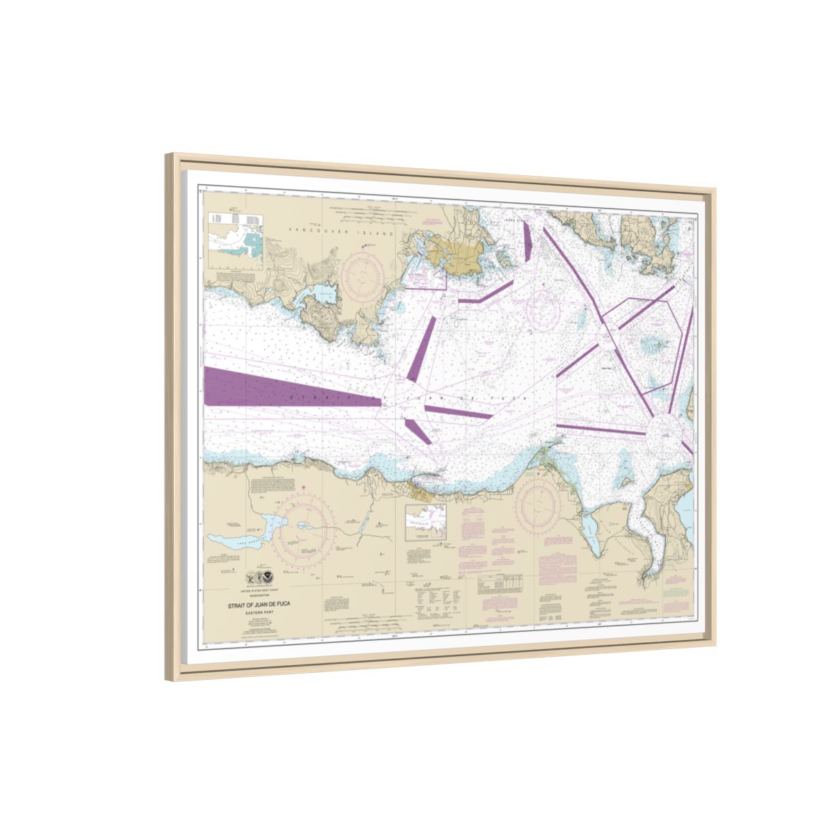 Chart 18465 Strait of Juan de Fuca-eastern part - NOAA Nautical Chart Floating Frame Canvas | 32" x 24" | 40" x 30" - Natural side