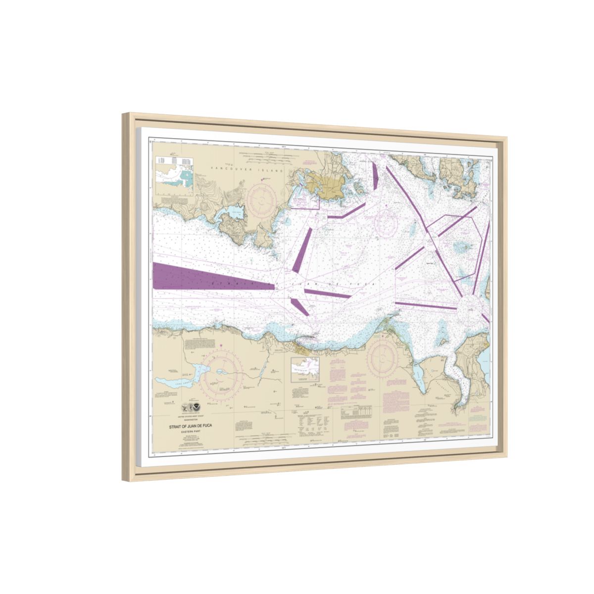 Chart 18465 Strait of Juan de Fuca-eastern part - NOAA Nautical Chart Floating Frame Canvas | 32" x 24" | 40" x 30" - Natural side