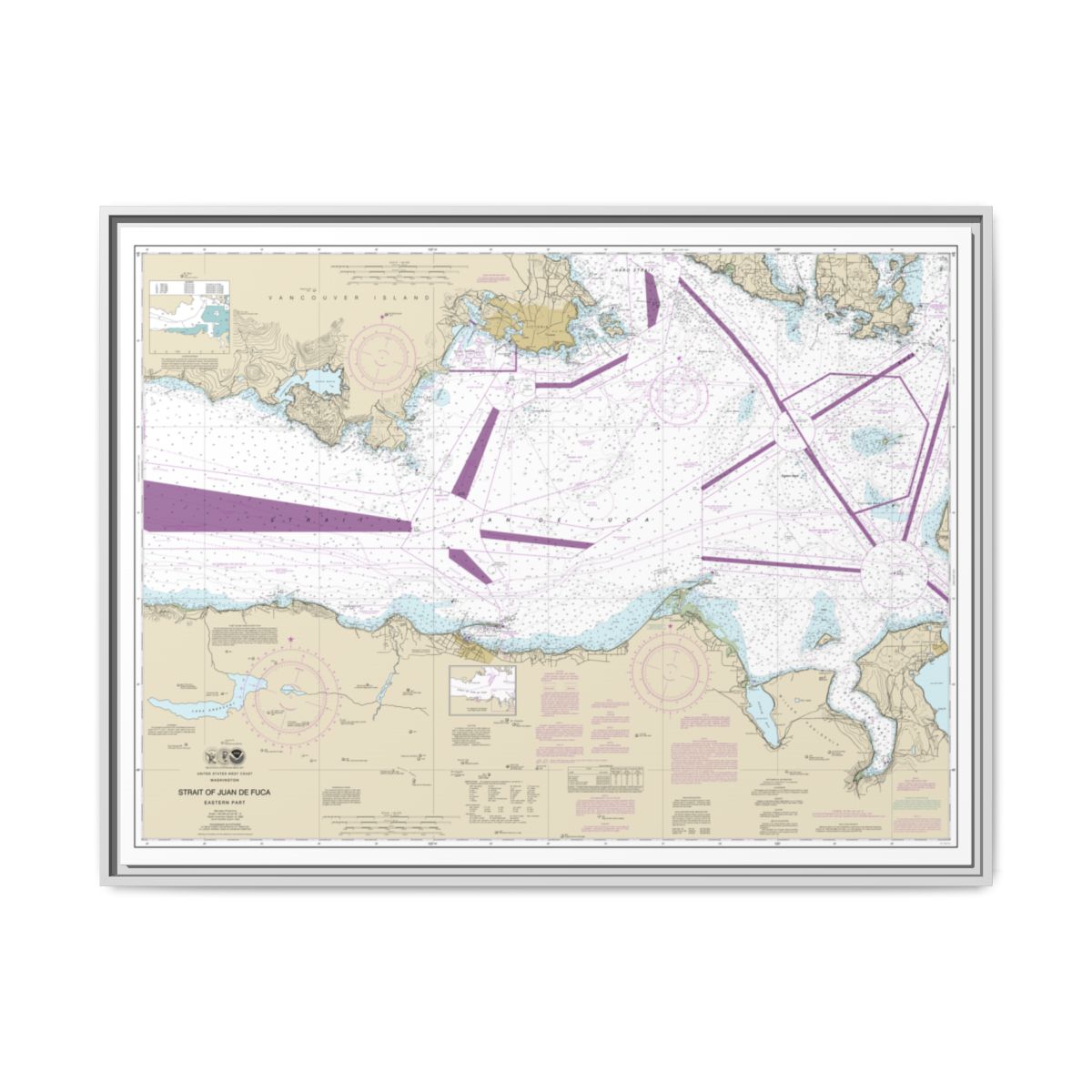 Chart 18465 Strait of Juan de Fuca-eastern part - NOAA Nautical Chart Floating Frame Canvas | 32" x 24" | 40" x 30" - White front