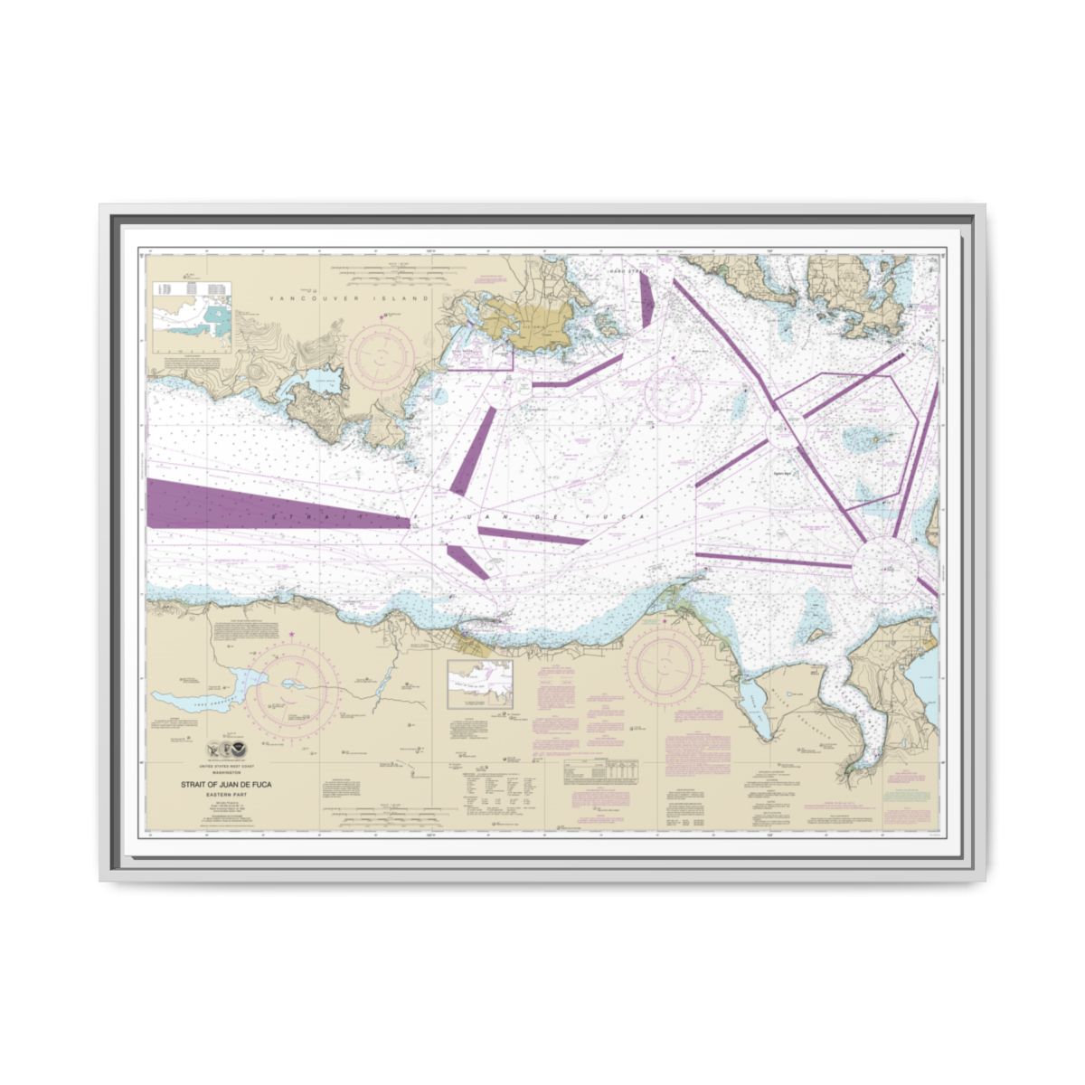 Chart 18465 Strait of Juan de Fuca-eastern part - NOAA Nautical Chart Floating Frame Canvas | 32" x 24" | 40" x 30" - White front