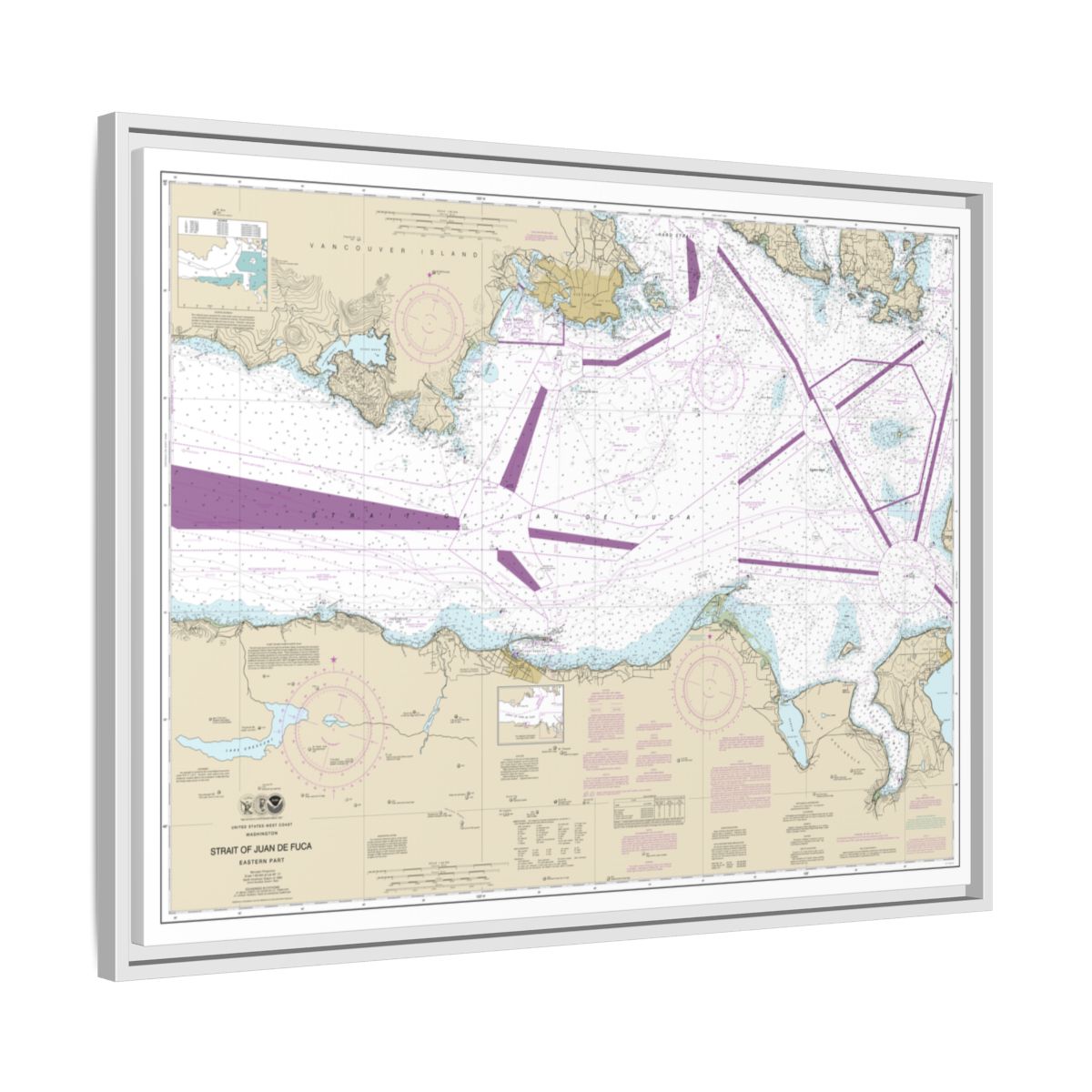 Chart 18465 Strait of Juan de Fuca-eastern part - NOAA Nautical Chart Floating Frame Canvas | 32" x 24" | 40" x 30" - White side