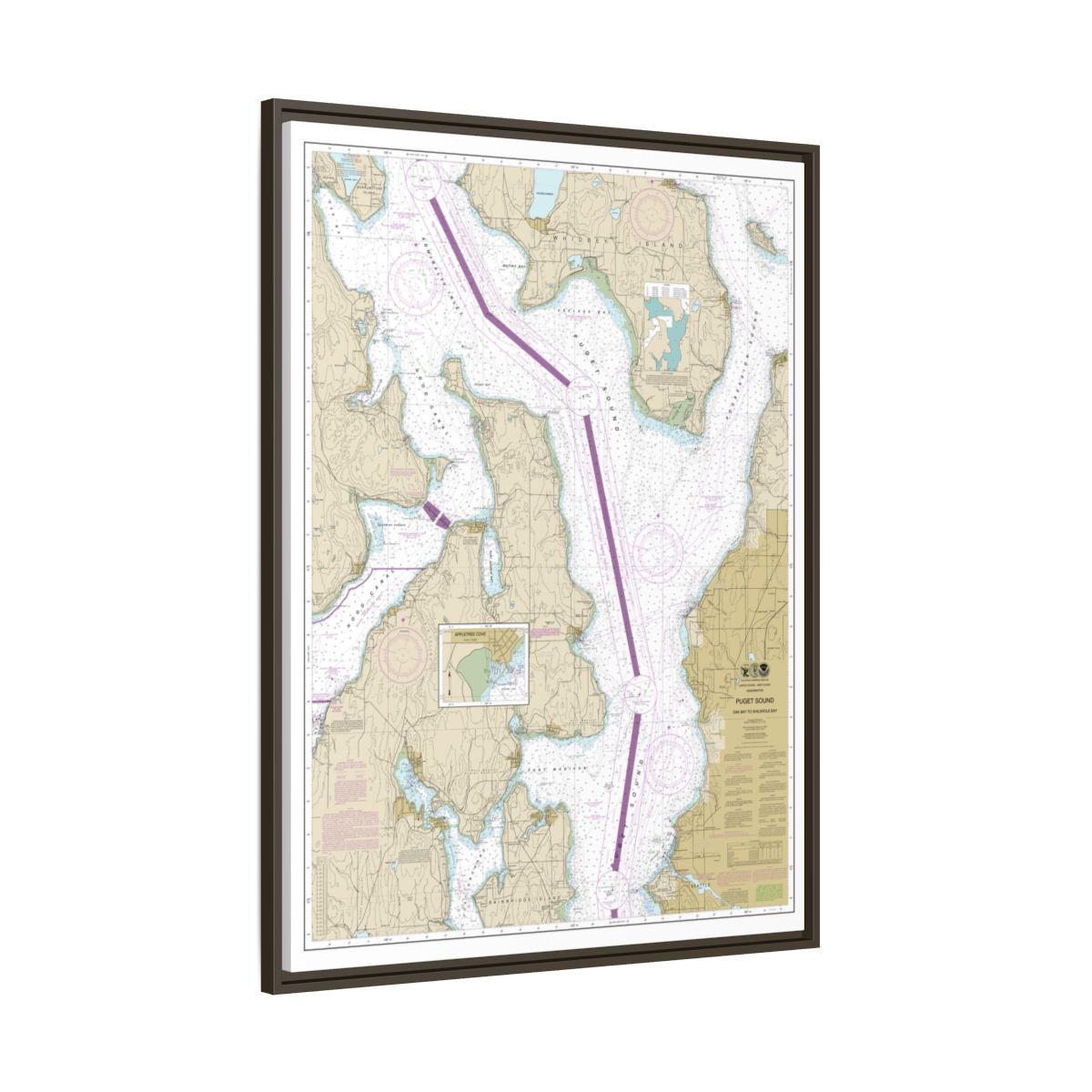 Chart 18473 Puget Sound-Oak Bay to Shilshole Bay - NOAA Nautical Chart Floating Frame Canvas | 24" x 32" | 30" x 40" - Espresso side