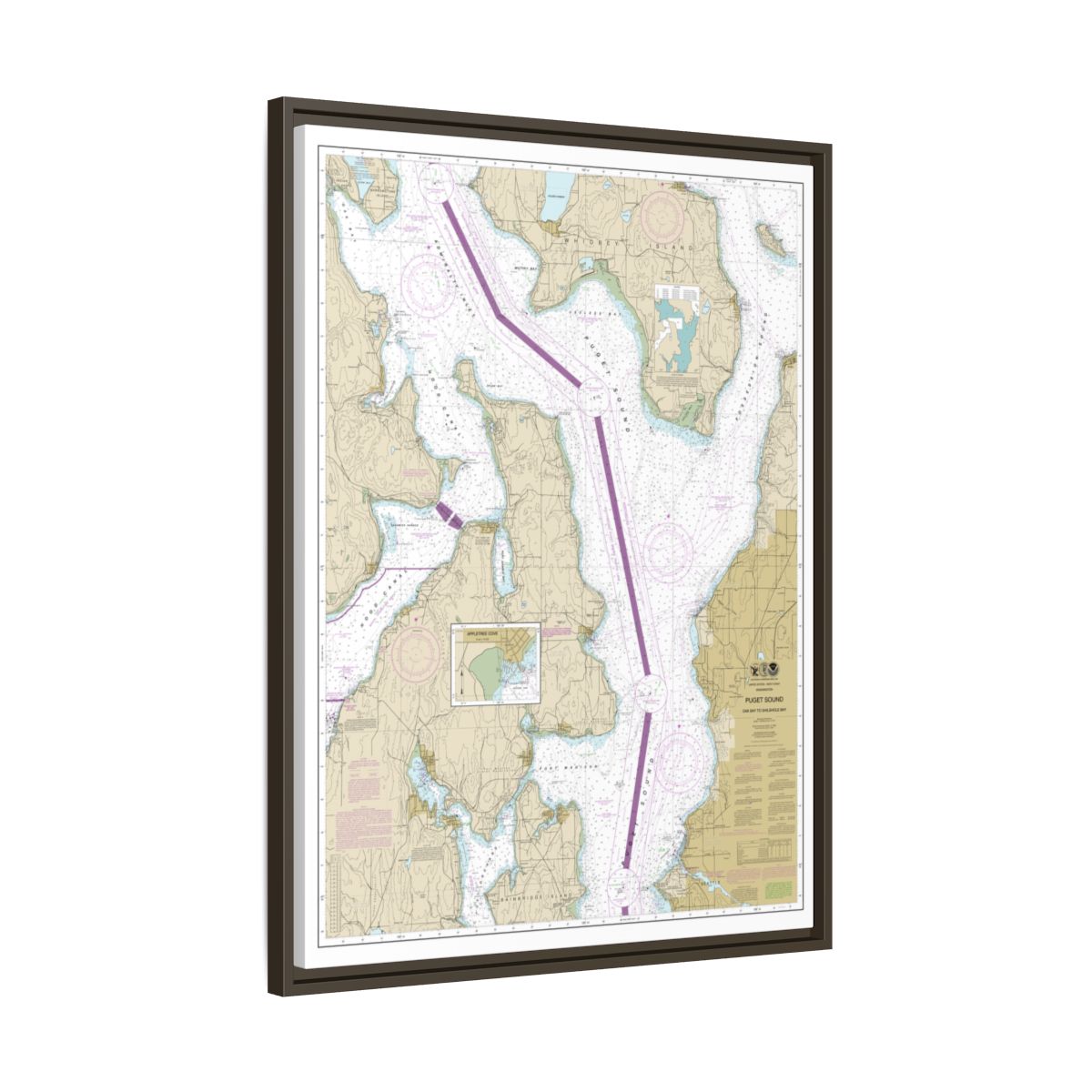 Chart 18473 Puget Sound-Oak Bay to Shilshole Bay - NOAA Nautical Chart Floating Frame Canvas | 24" x 32" | 30" x 40" - Espresso side