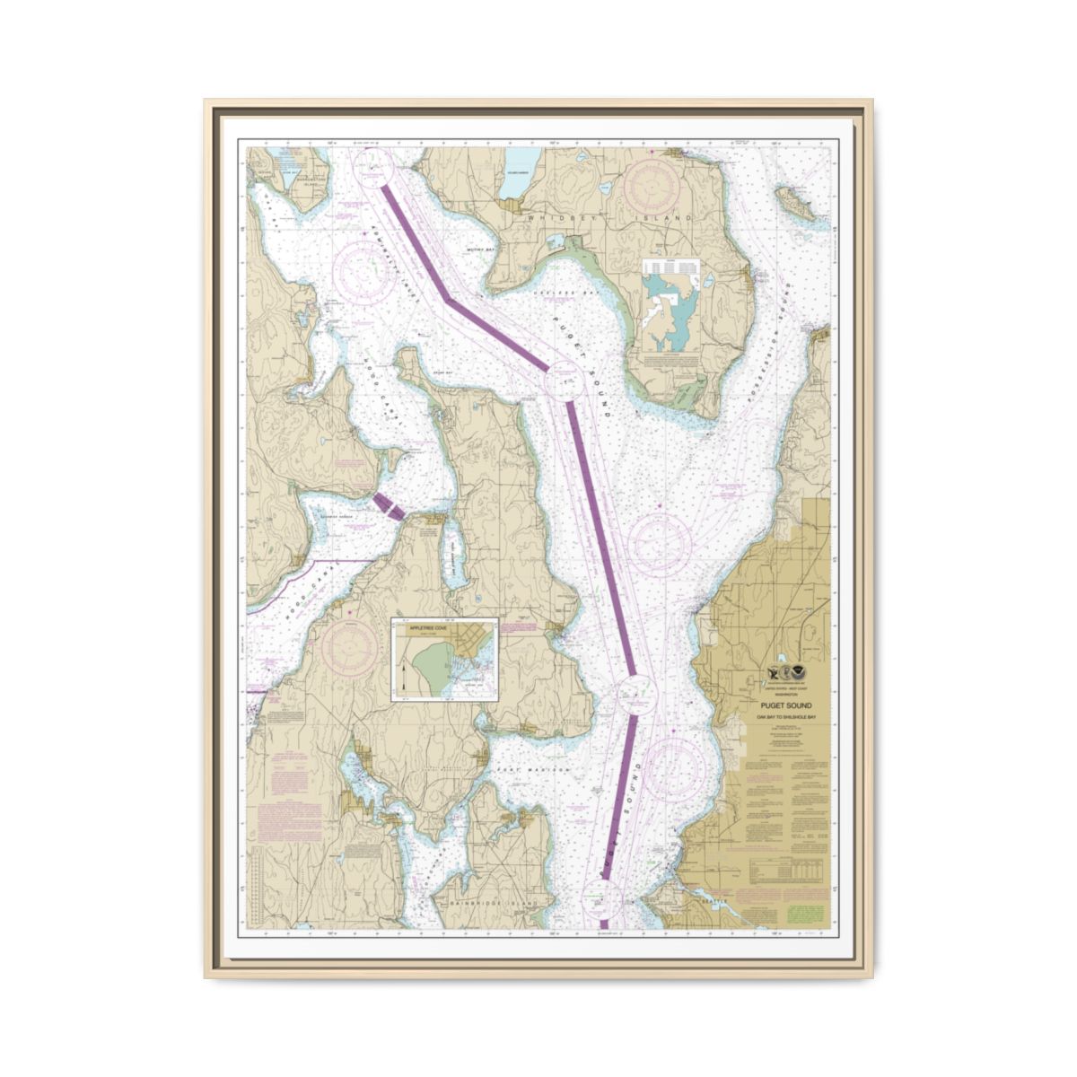 Chart 18473 Puget Sound-Oak Bay to Shilshole Bay - NOAA Nautical Chart Floating Frame Canvas | 24" x 32" | 30" x 40" - Natural front